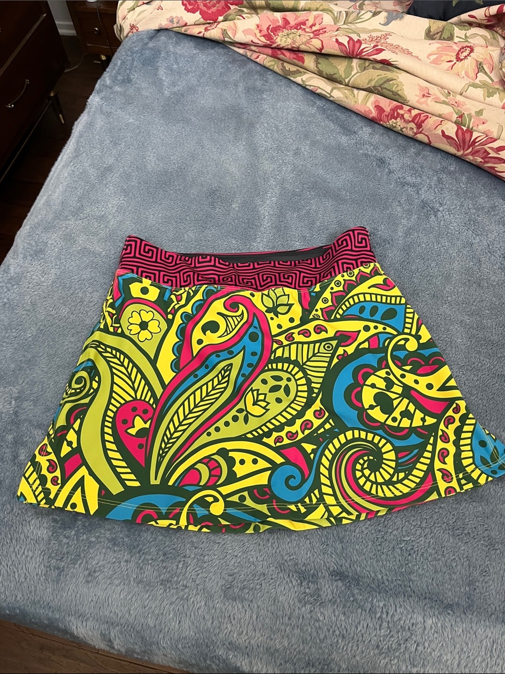 Vibrant Paisley A-Line Skort in Yellow, Pink & Blue